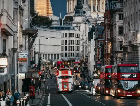 Street in London with St Pauls Cathedral behind
